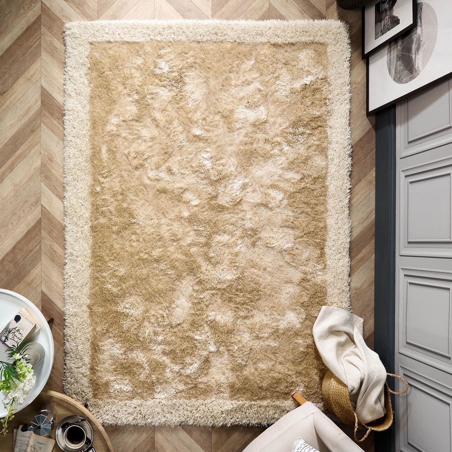 Origins Shimmer Shaggy Border Champagne Rug