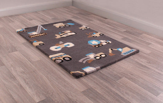100% Woolpile Rug with Trucks & Diggers Design 80cm x 120cm in Grey