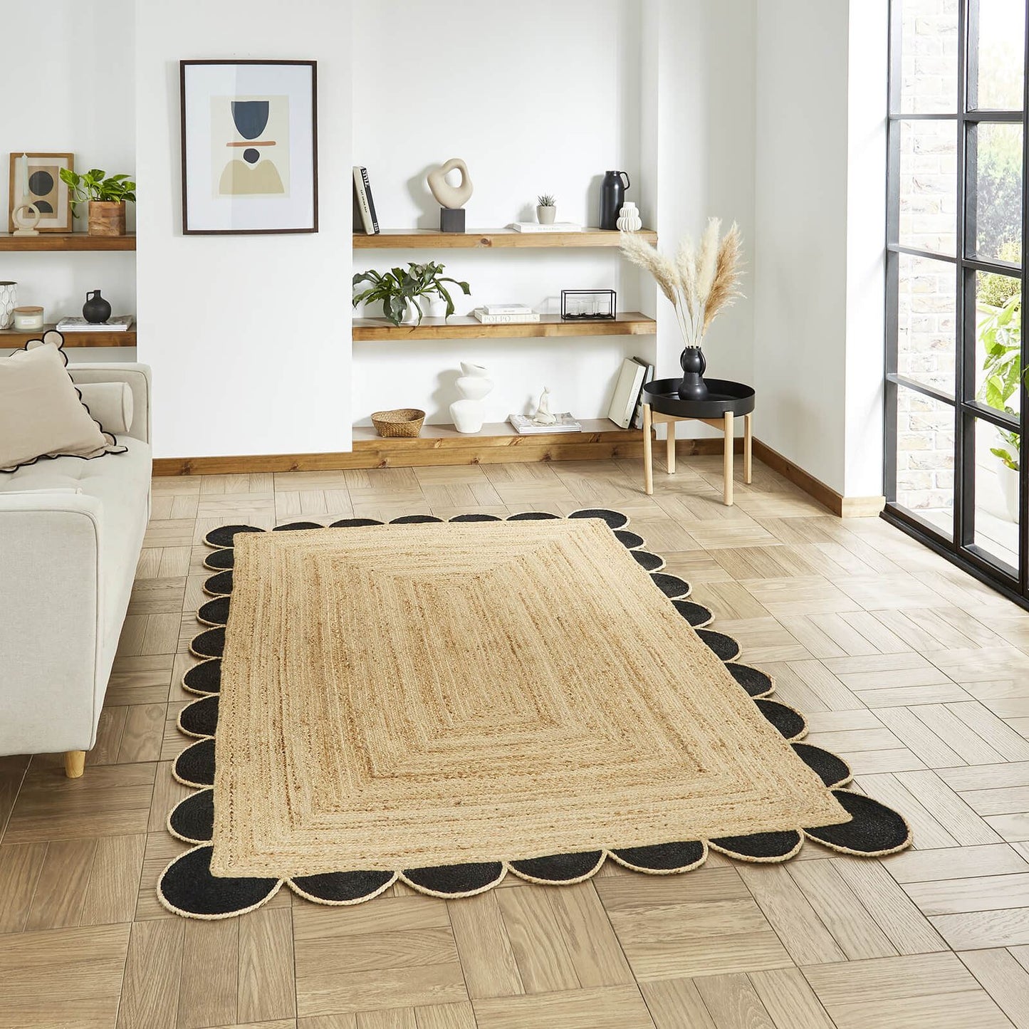 Savannah Jute Scallop Black Natural Rug - 200 x 290cm (6ft 6" x 9ft 6")
