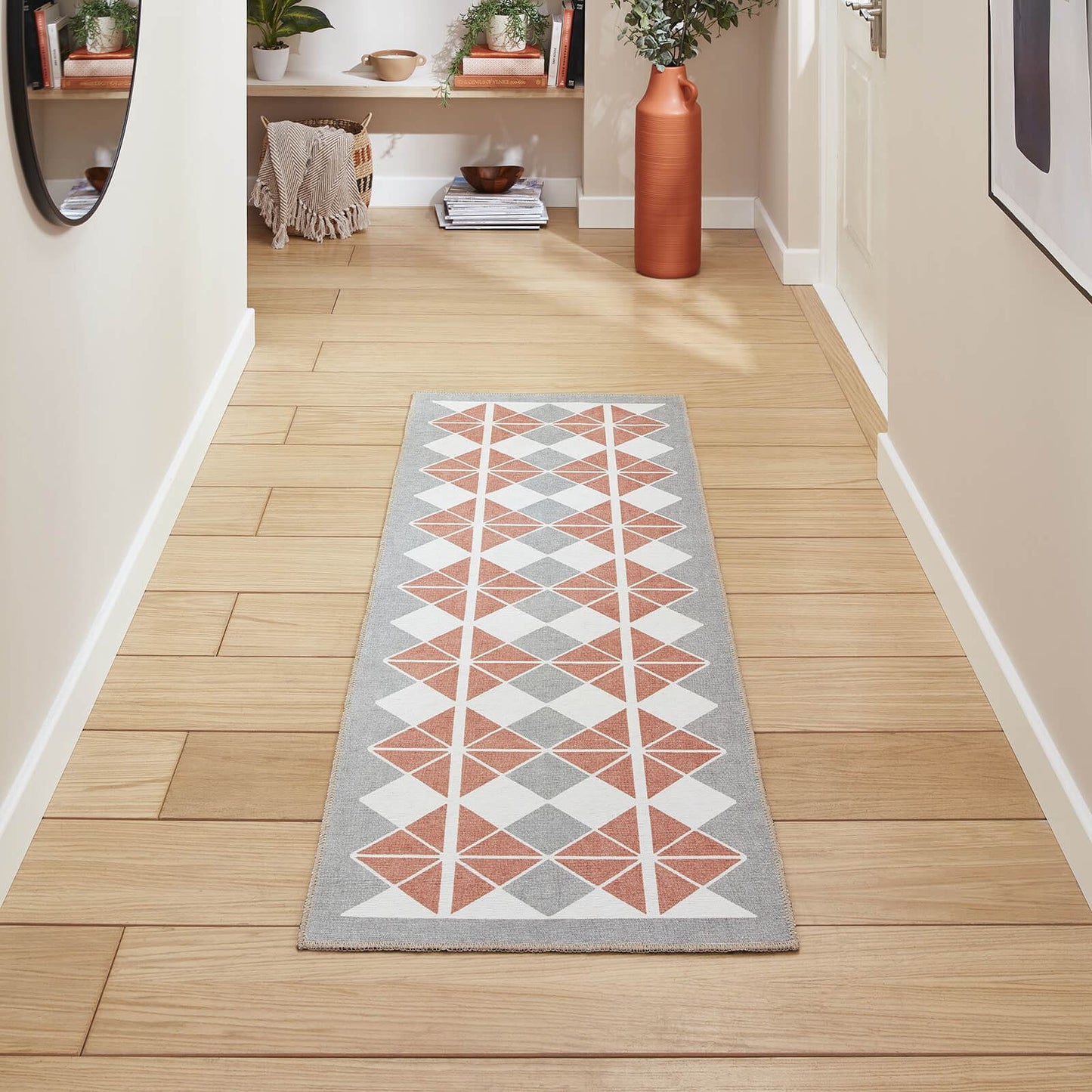 Victoria H1184 Grey/Orange Washable Rug - 75 x 230cm Hall Runner
