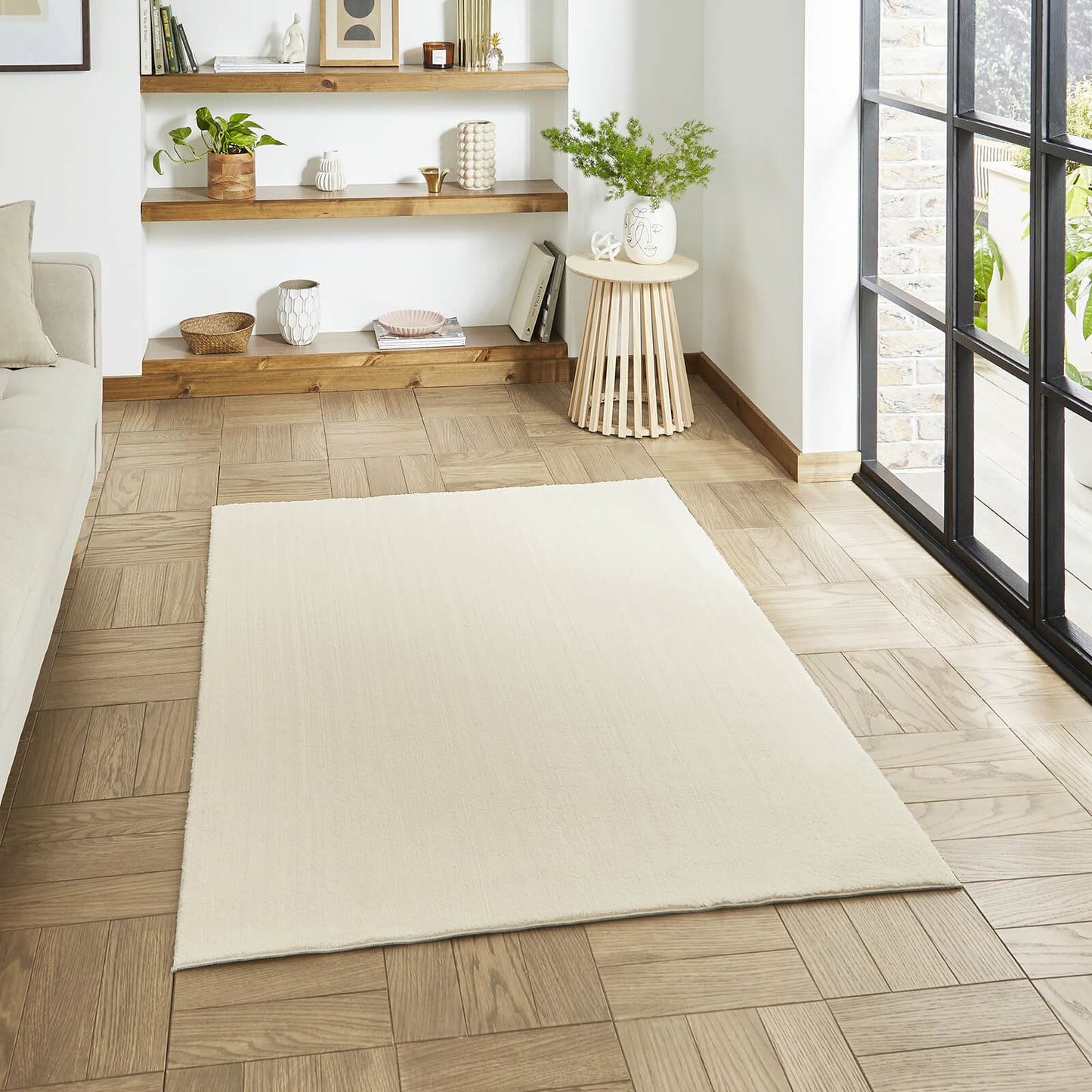 Bay Cream Plain Shaggy Washable Rug