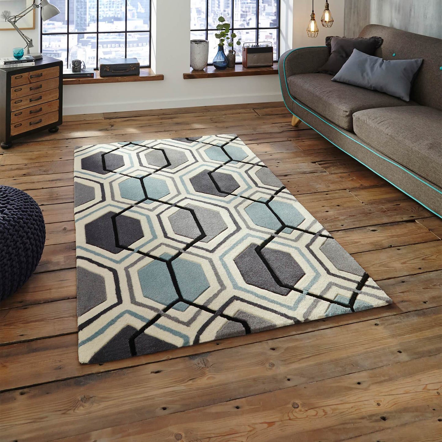 Think Rugs Hong Kong 7526 Grey / Blue Rug
