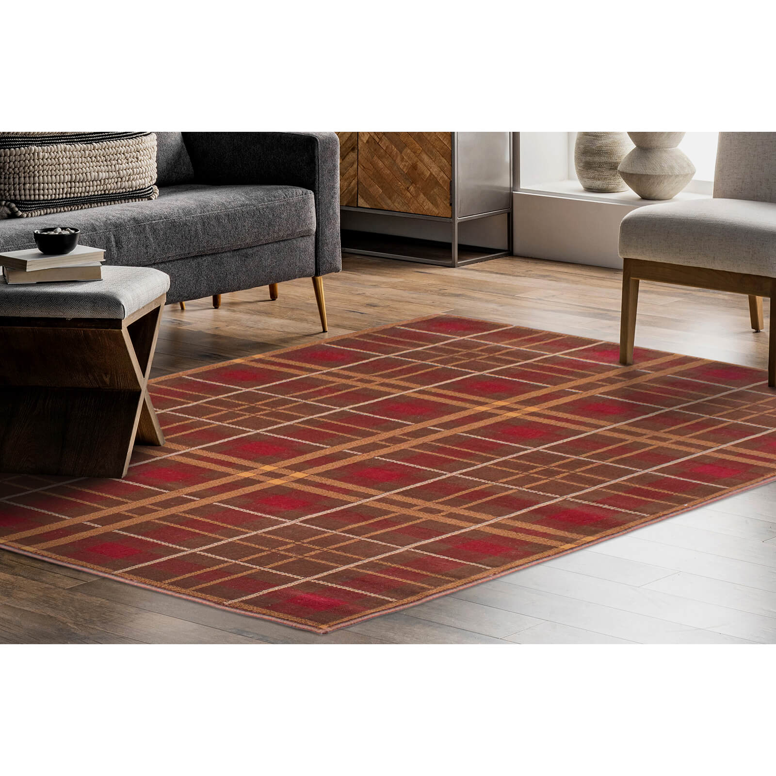 Ultimate Home Living Tartan Check Brown Rug