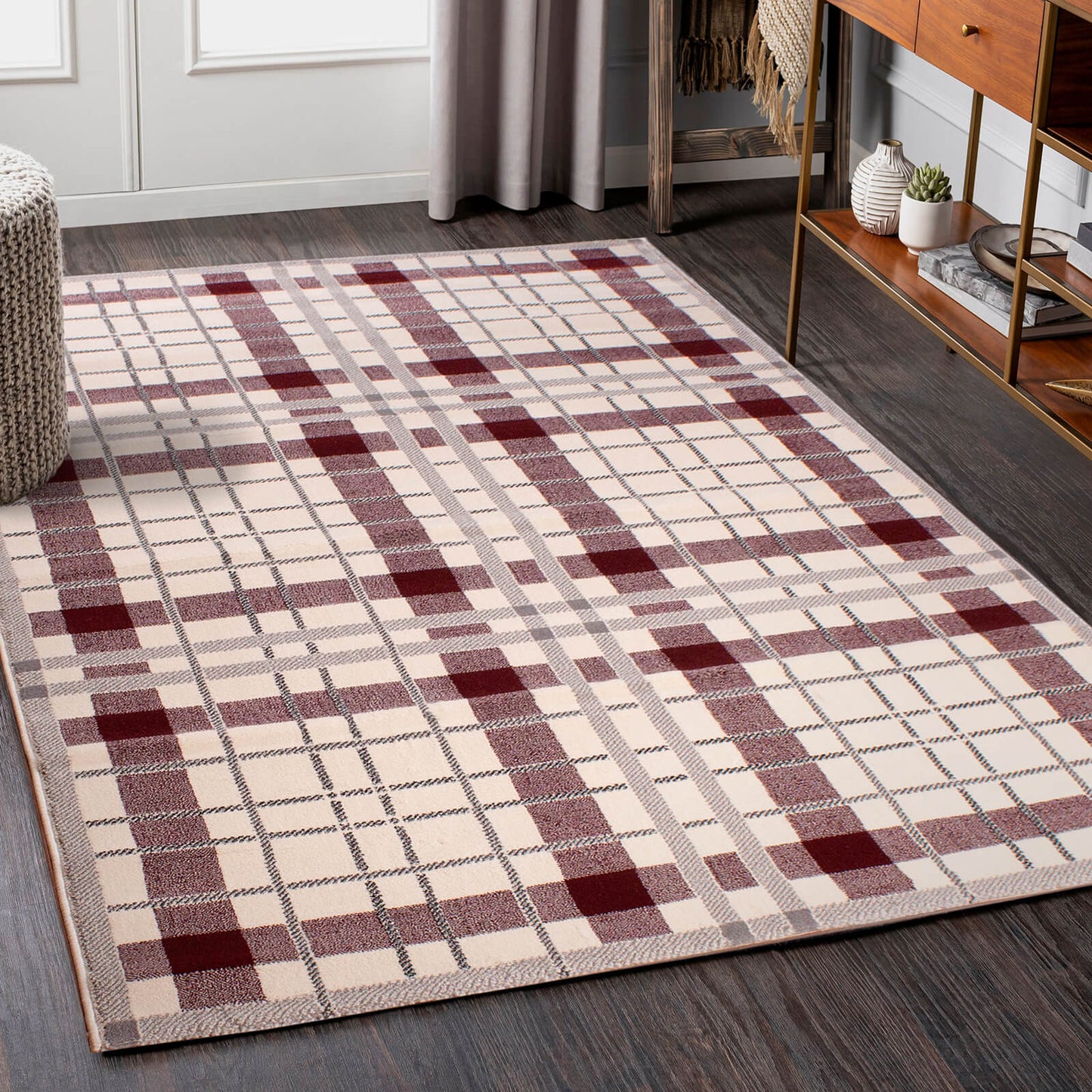 Ultimate Home Living Tartan Check Cream Red Rug
