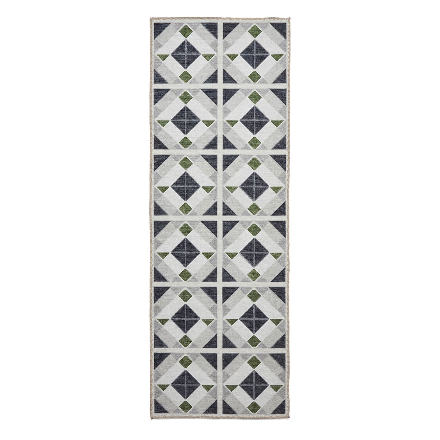 Victoria H1190 Grey/Green Washable Rug - 75 x 230cm Hall Runner