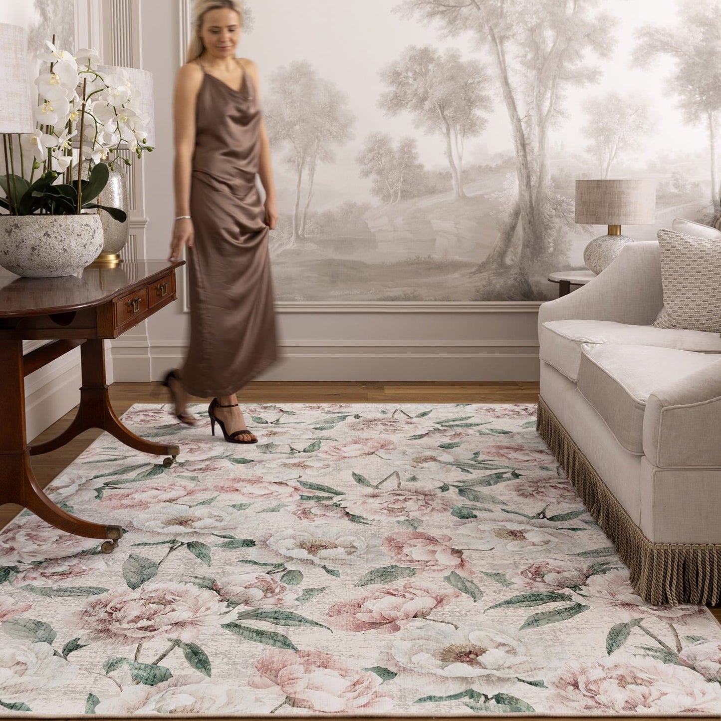 Hug Rug Eco-Washable Blooming Peonies Oyster Pink Rug