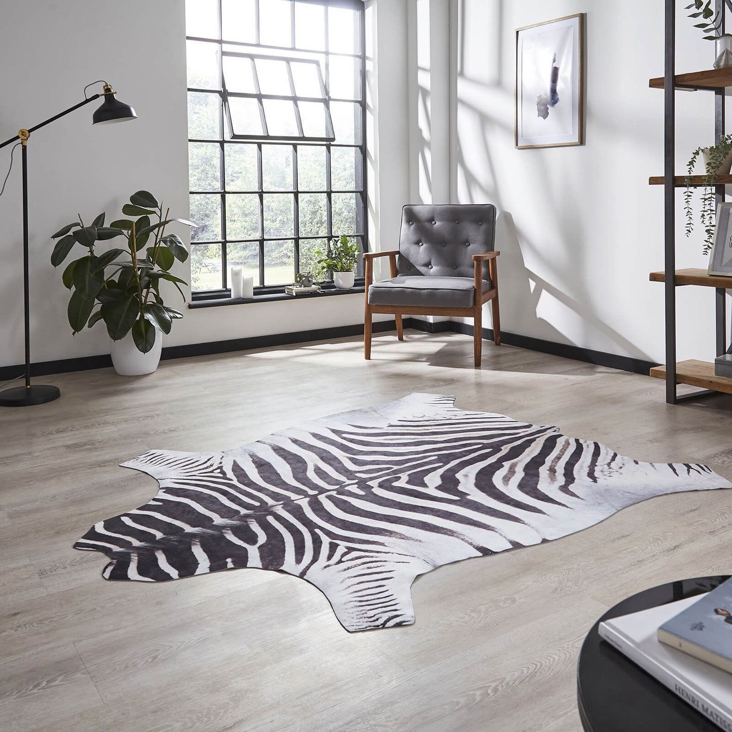 Faux Zebra Print Black/White Shaggy Rug