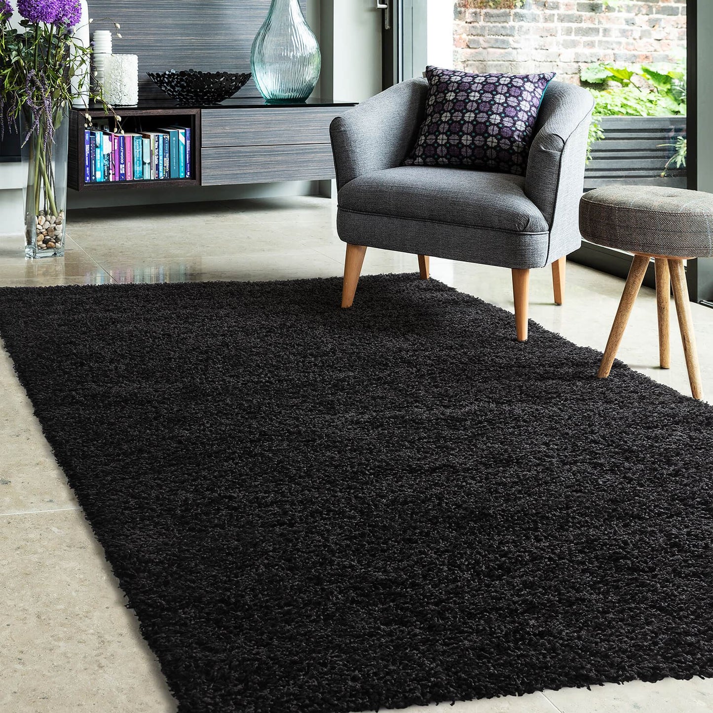 Jazz Shaggy Black Plain Rug