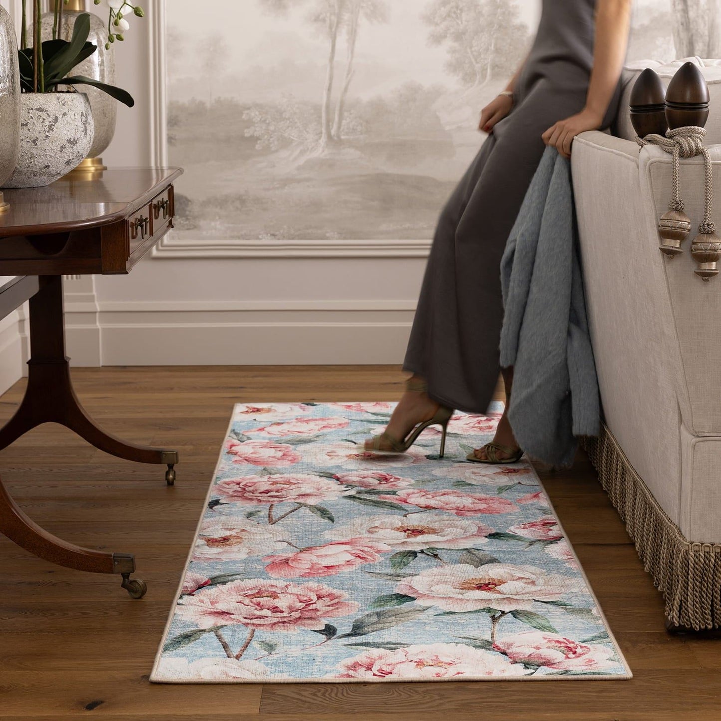 Hug Rug Eco-Washable Blooming Peonies Powder Blue Rug