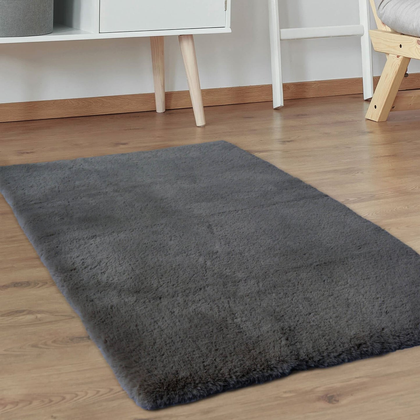 Luxury Faux Fur Grey Plain Rug