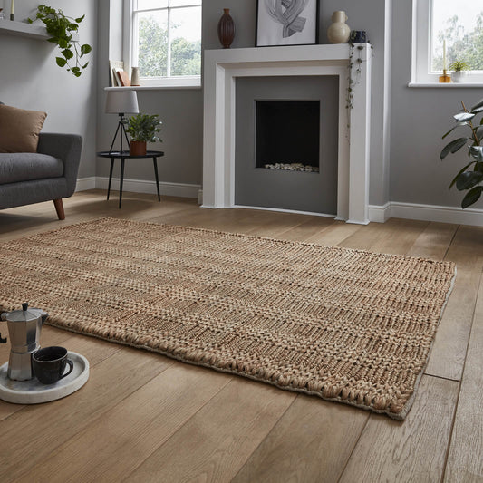 (Plain - Beige, 150 x 230 cm) Large 100 % Jute Rugs Handmade Eco-friendly Flatweave Rustic Natural Look Beige Brown Area Rug Plain Neutral Mat