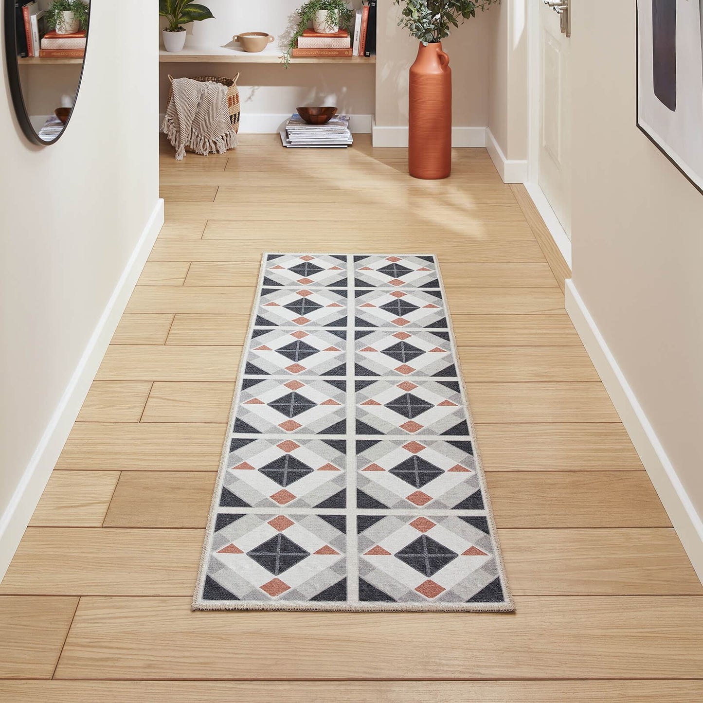 Victoria H1190 Grey/Orange Washable Rug - 75 x 230cm Hall Runner