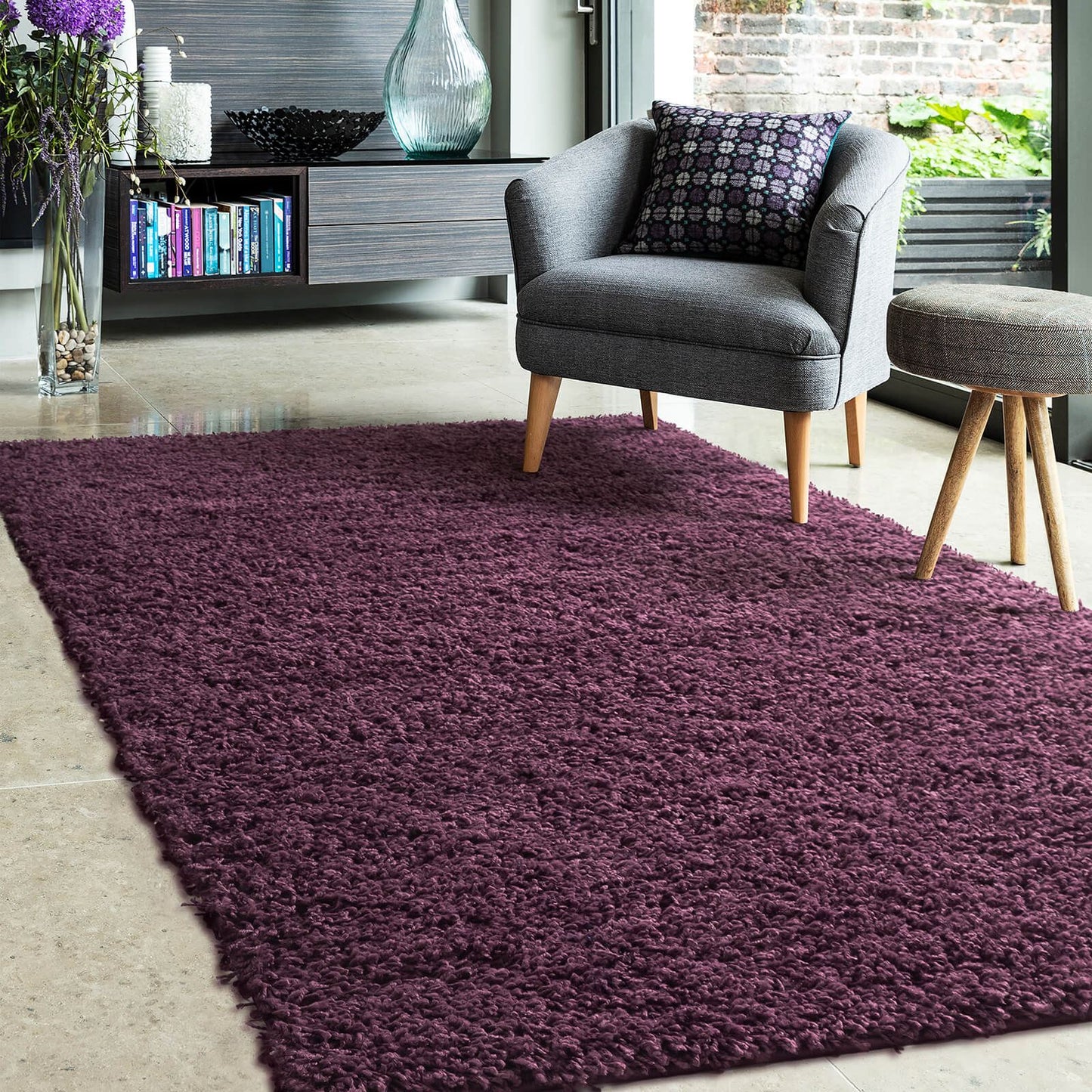 Jazz Shaggy Plum Plain Rug - 200 X 290cm (6ft 5" x 9ft 5")
