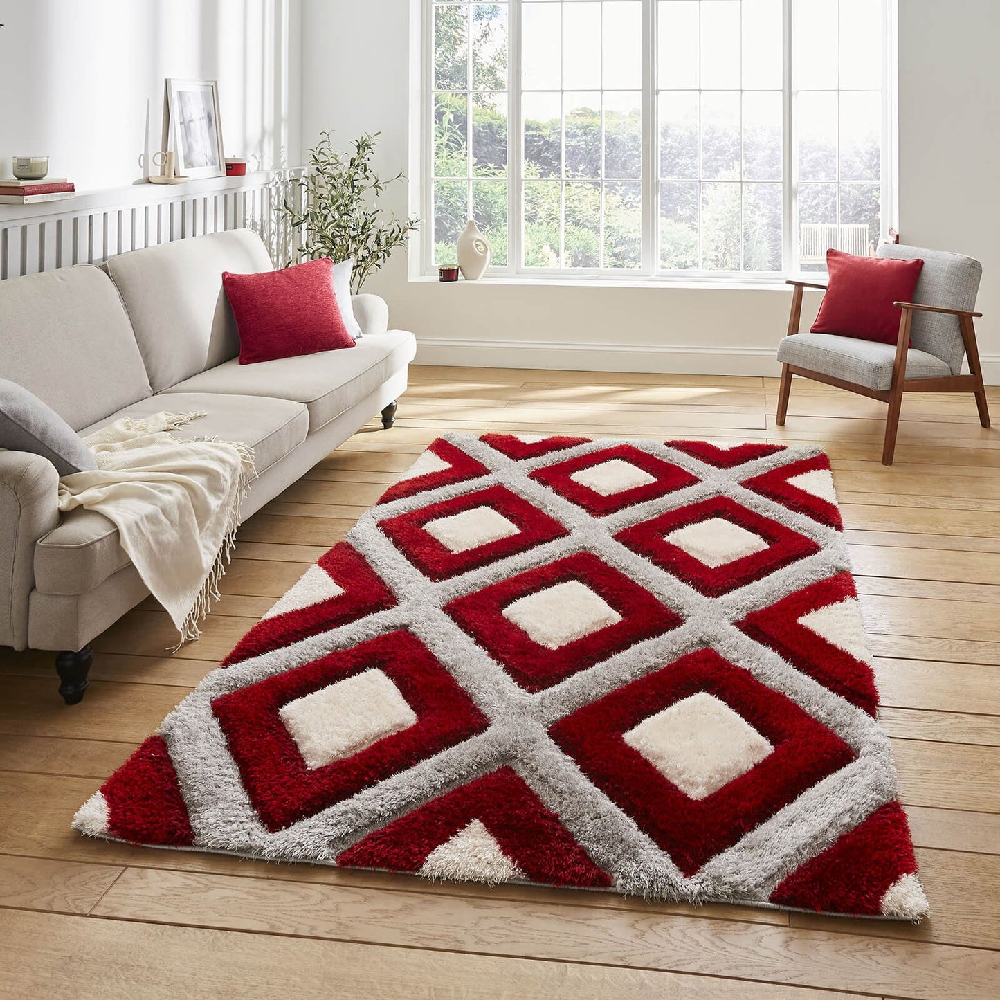 Olympia GR224 Grey/Red Shaggy Rug