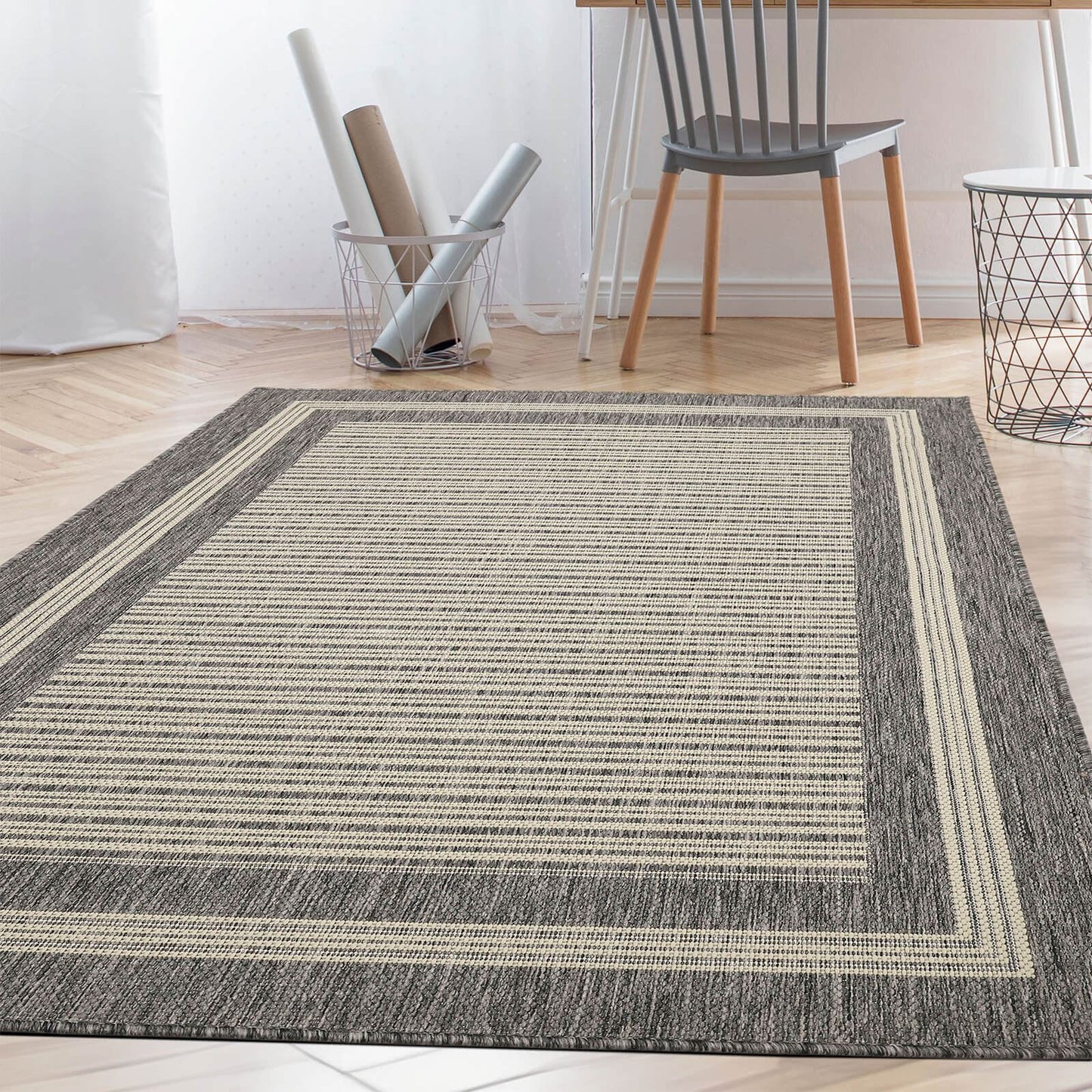 Flatweave Gel Border Steel Grey Rug