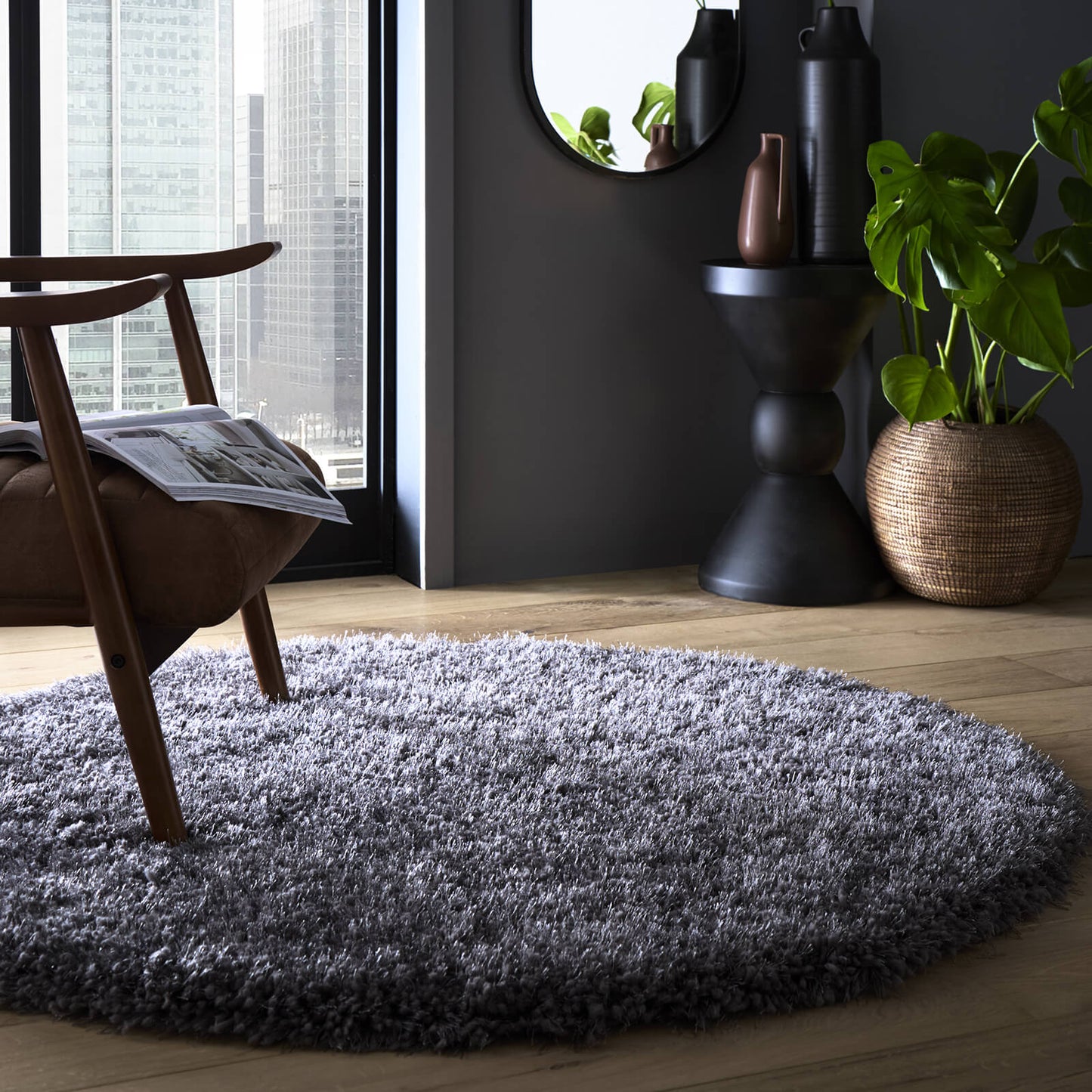 Chicago Grey and Silver Circle Shaggy Rugs