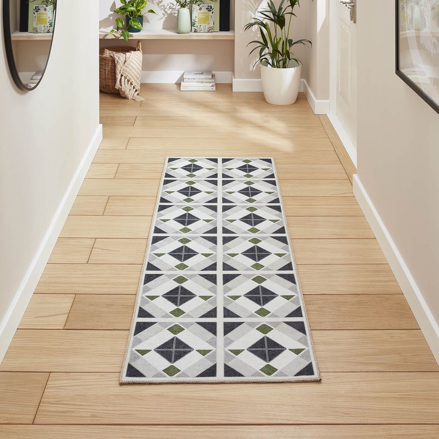 Victoria H1190 Grey/Green Washable Rug - 75 x 230cm Hall Runner